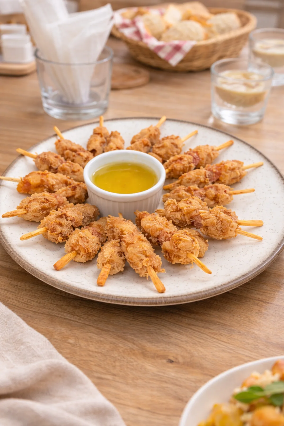 Mini pastéis (salgadinhos) servidos em prato, prontos para o evento.