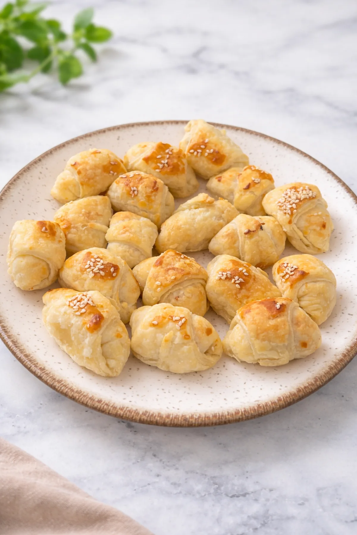 Salgadinhos assados com finalização dourada, servidos em prato.