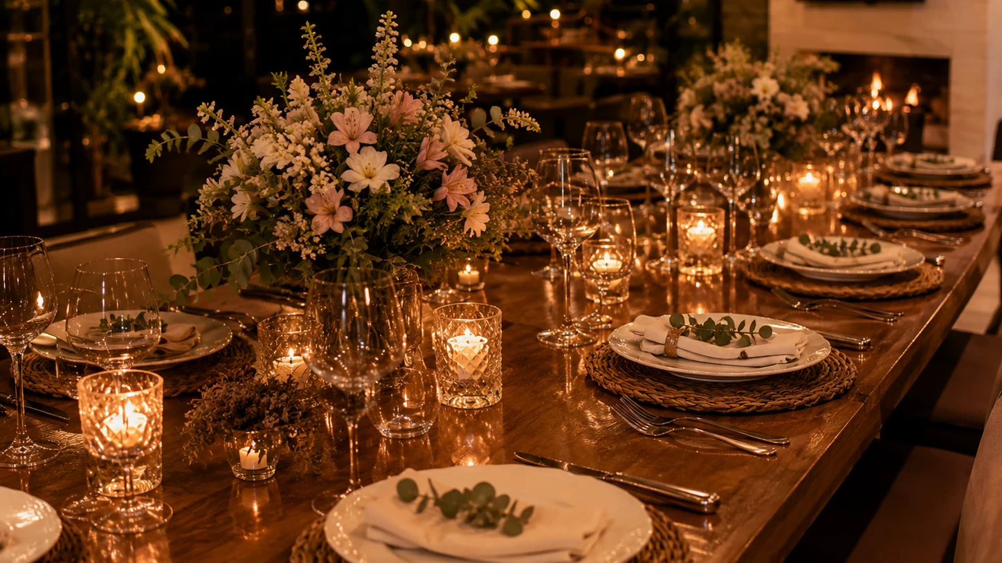 Jantar especial servido em mesa elegante para aniversário adulto.