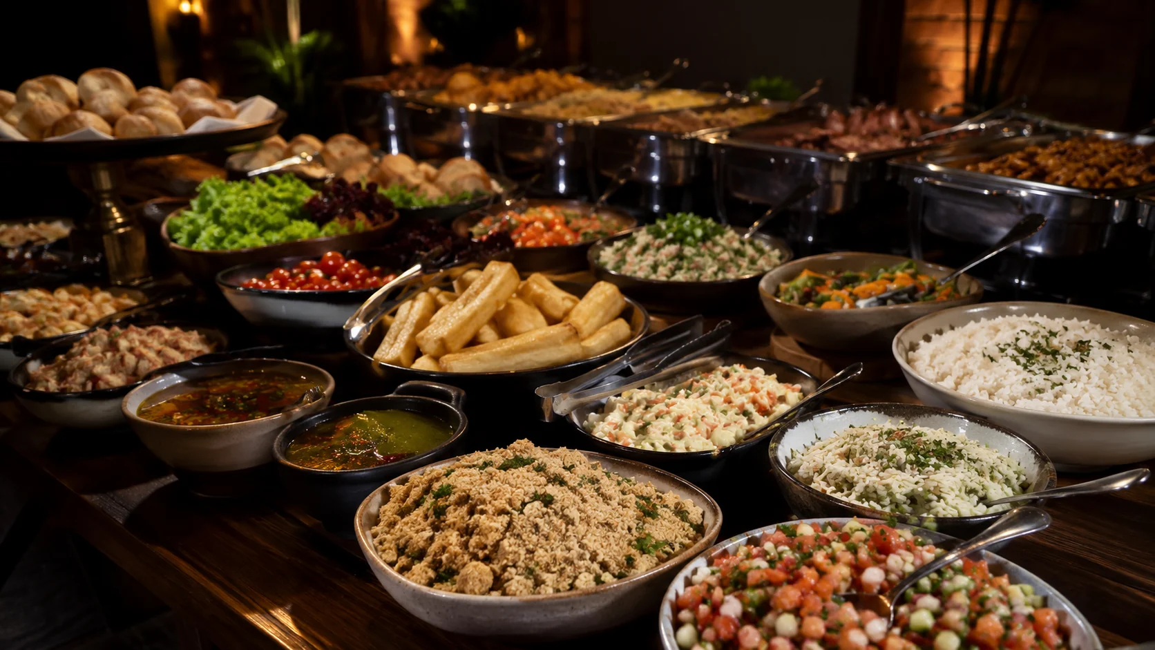 Mesa de acompanhamentos com guarnições para churrasco em domicílio em BH