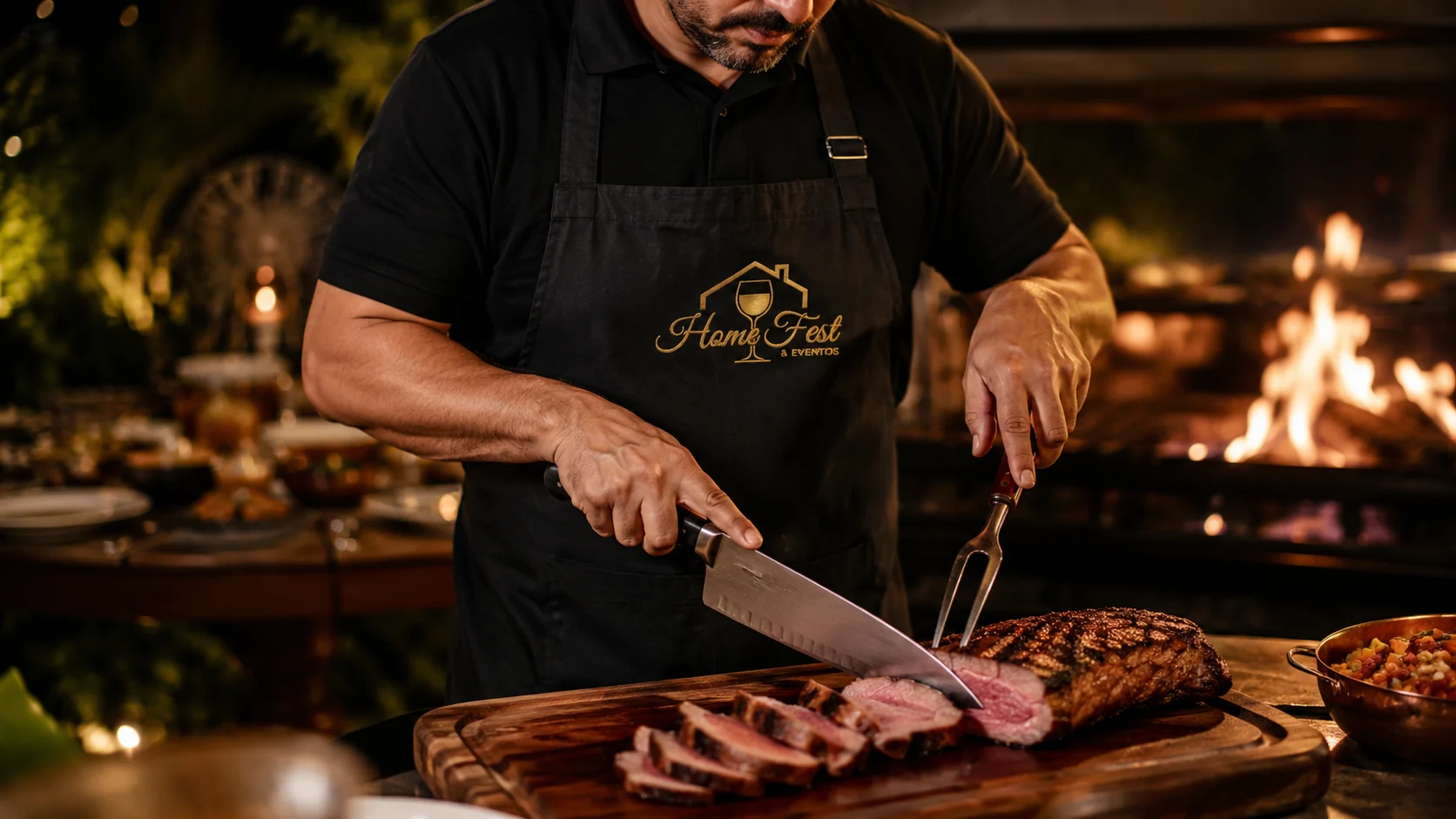 Chef da Home Fest cortando carne no churrasco em domicílio em Belo Horizonte
