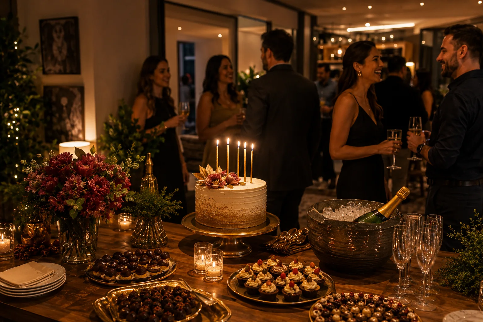 Aniversário adulto em casa com bolo, doces, bebidas e convidados em clima elegante.