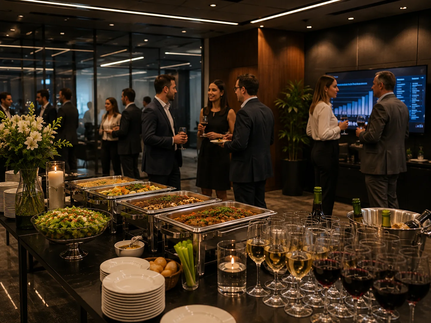 Buffet corporativo em empresa com convidados, mesa de serviço e ambiente profissional.
