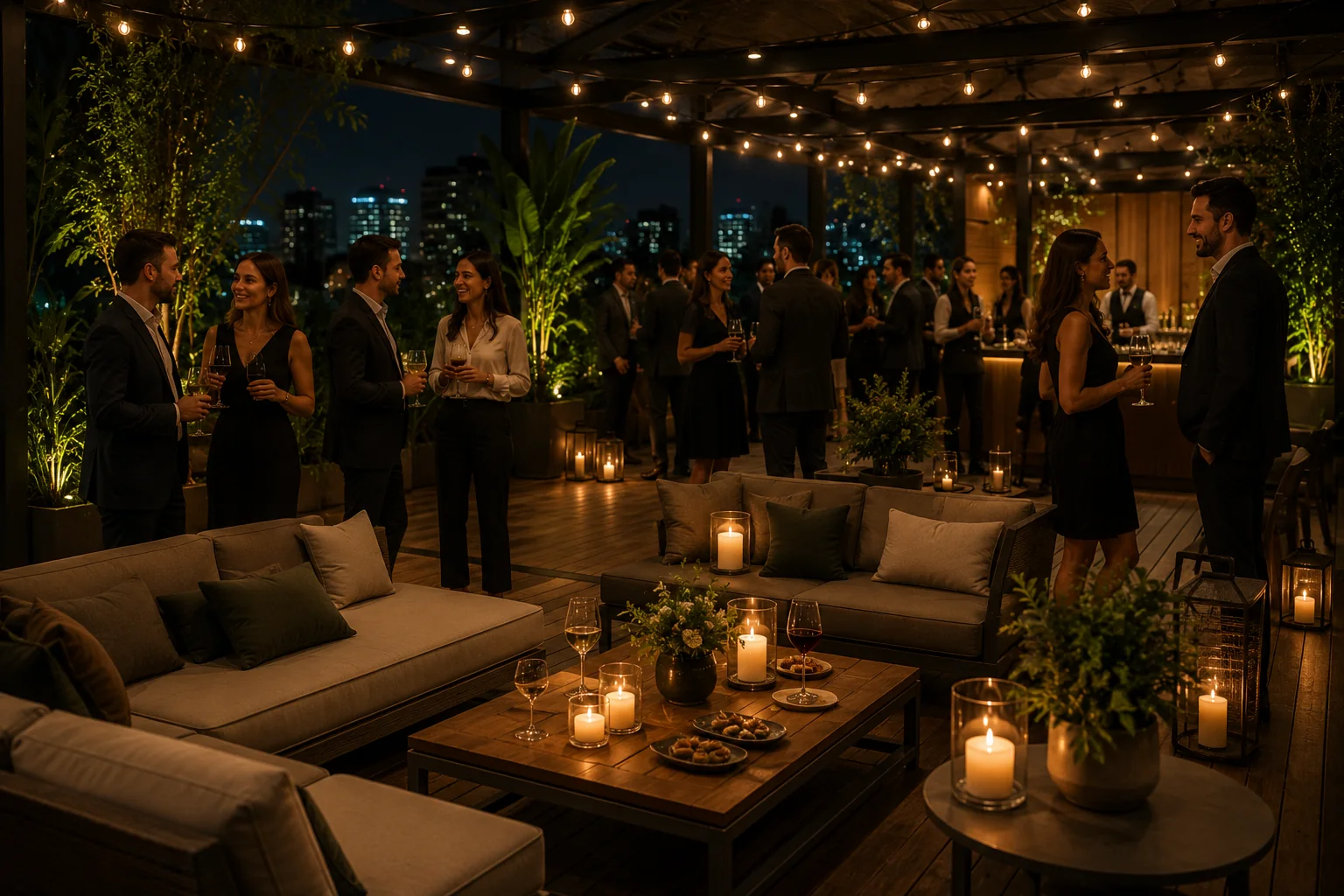 Confraternização em terraço com convidados, iluminação quente e serviço Home Fest.