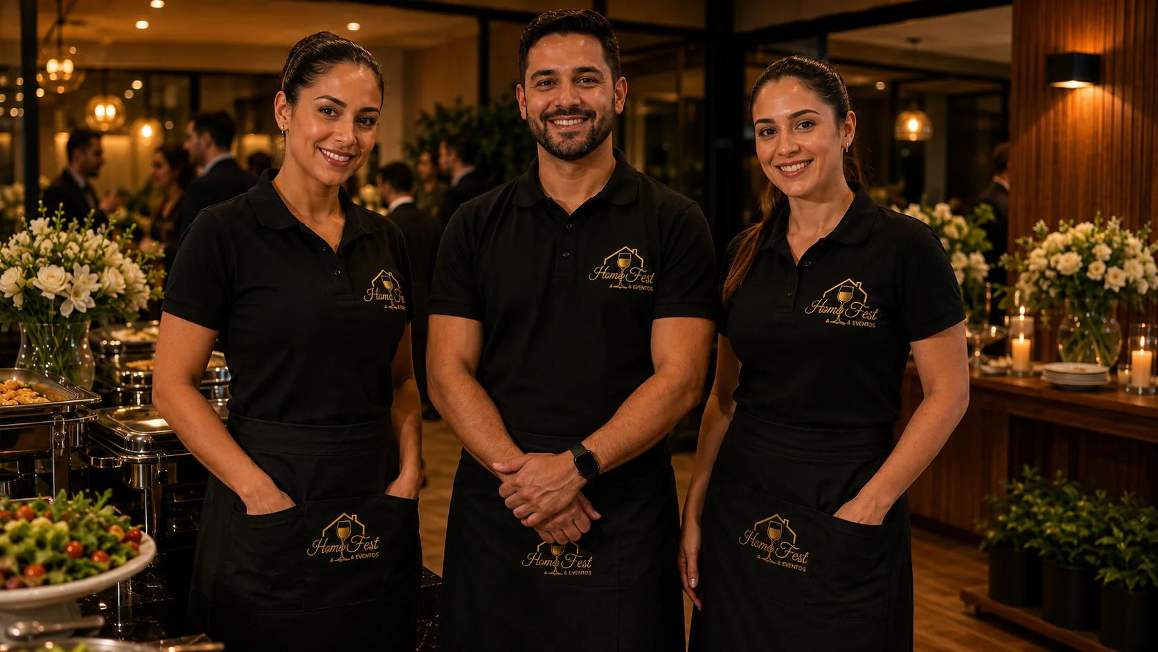 Equipe Home Fest uniformizada para atendimento de buffet em domicílio.