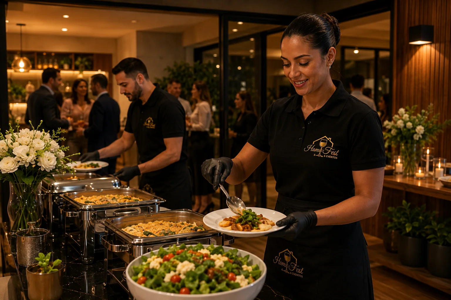 Equipe Home Fest servindo buffet em domicílio em Belo Horizonte com mesa montada e convidados ao fundo.