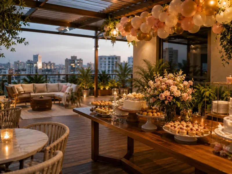 Festa infantil em cobertura em BH com mesa montada e decoração elegante