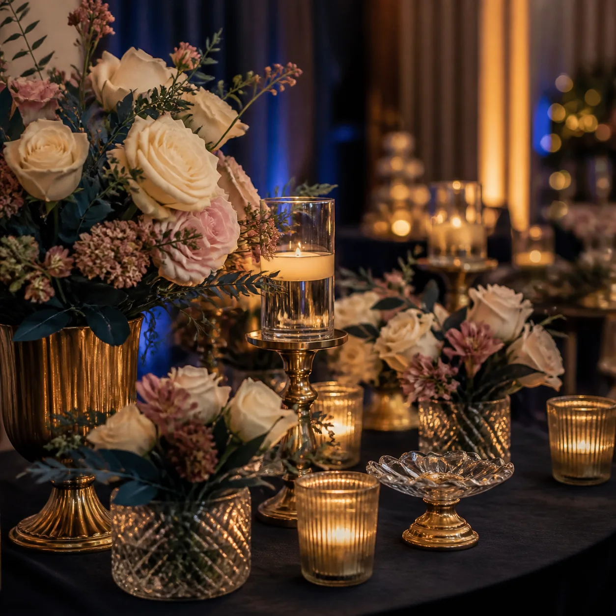 Decoração elegante para festa de 15 anos em BH com detalhes champagne