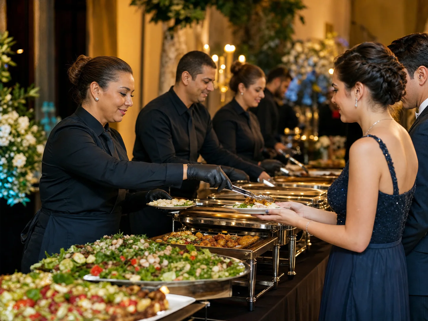 Equipe de buffet servindo convidados em festa de 15 anos em Belo Horizonte