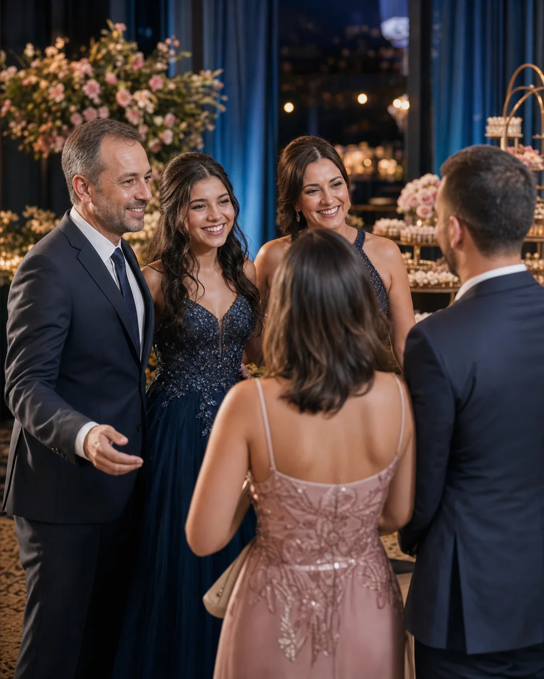 Família recebendo convidados em festa de 15 anos com buffet em BH