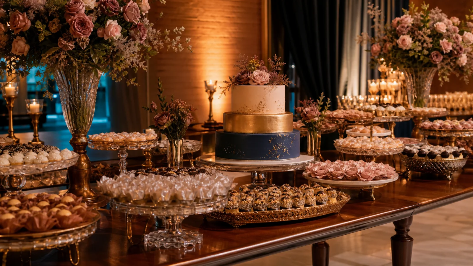 Mesa de doces para festa de 15 anos em BH com bolo e doces finos
