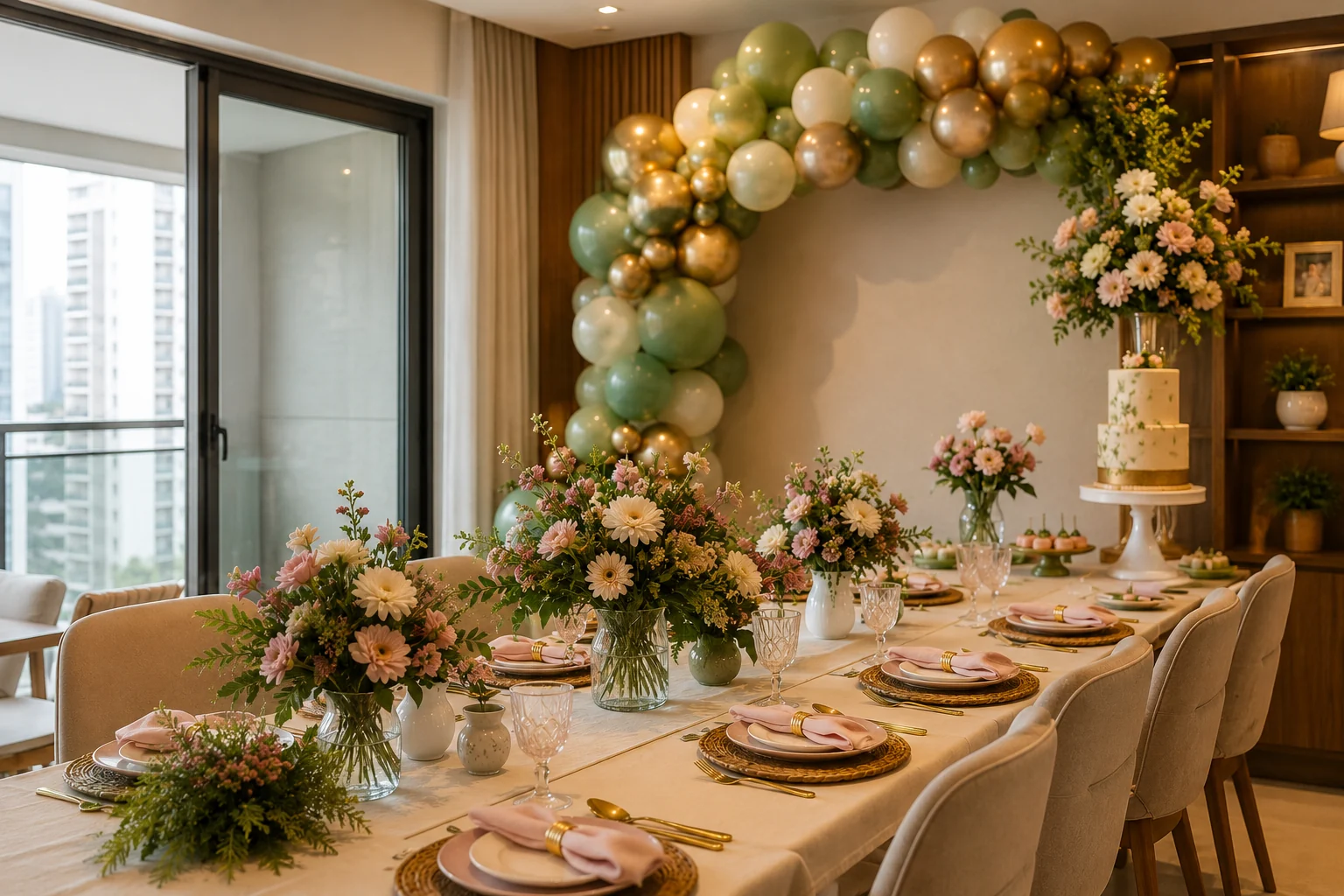 Mesa infantil elegante montada em apartamento para festa em BH