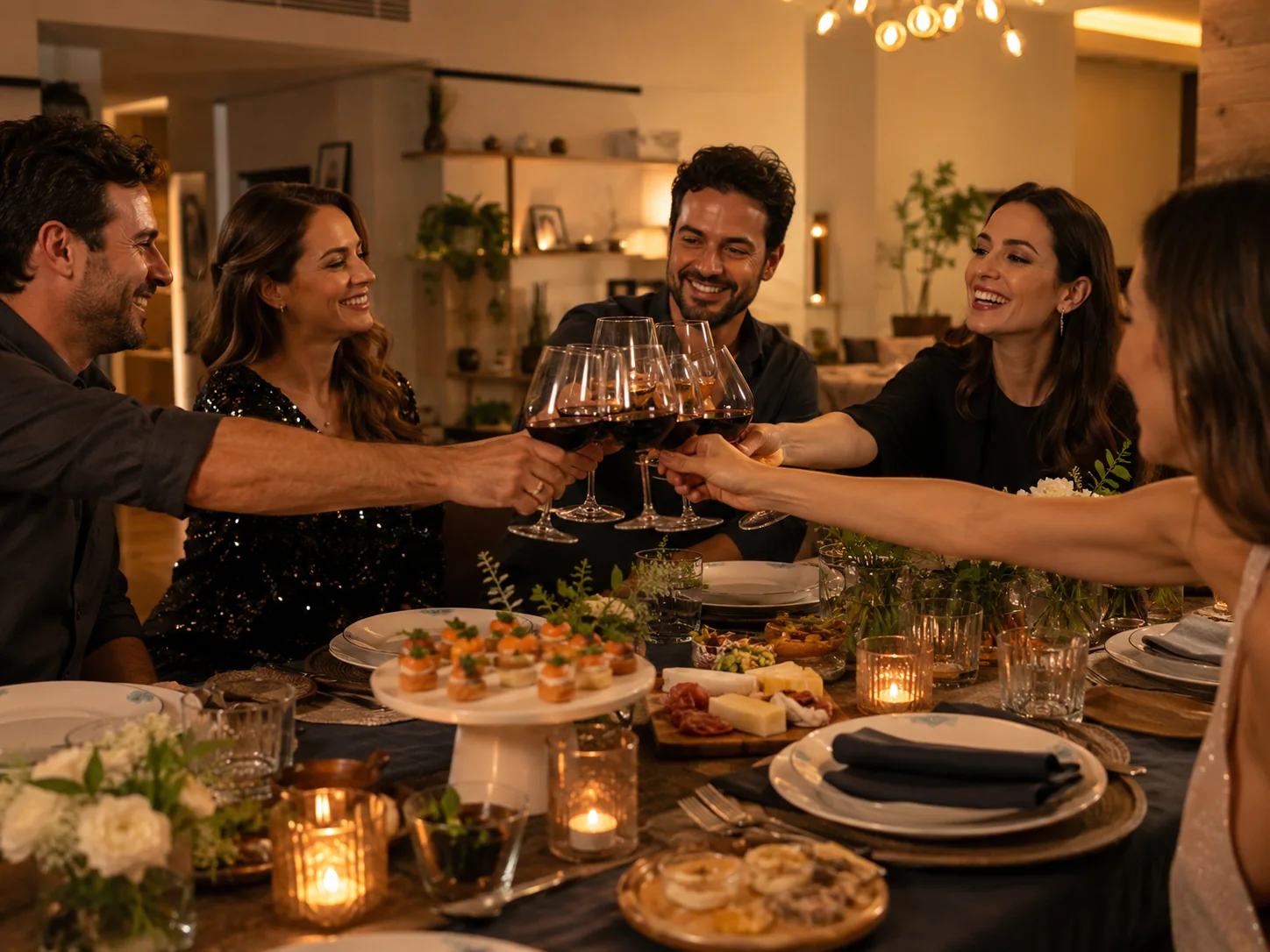 Aniversário adulto em casa em BH com buffet, brinde e mesa elegante.