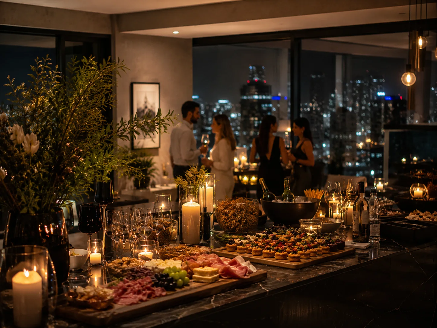 Buffet para festa em apartamento ou cobertura em BH com mesa elegante e serviço discreto.