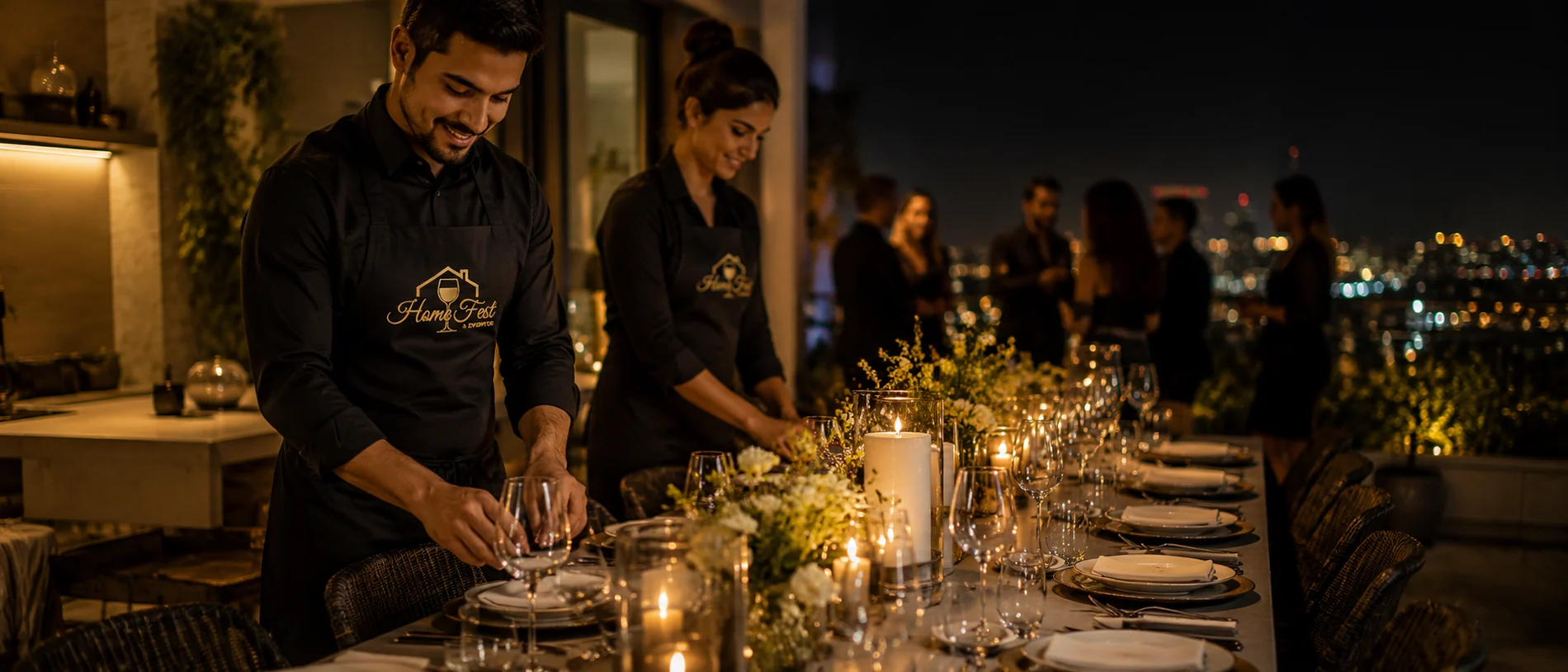 Buffet para festa em casa em BH com mesa elegante, equipe Home Fest e ambiente residencial à noite.