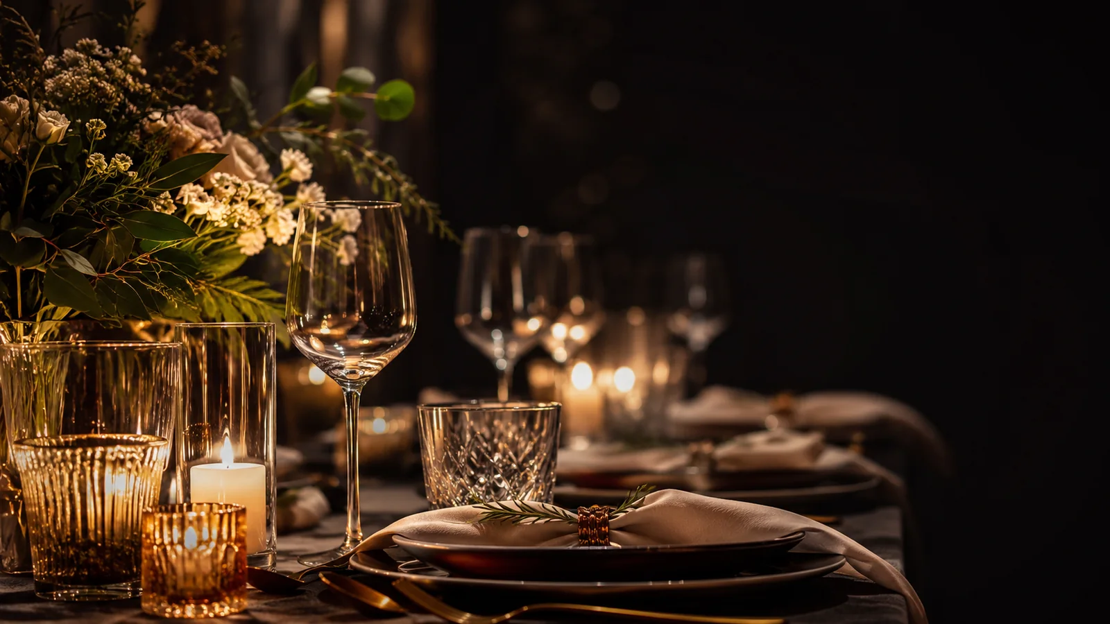 Mesa com taças e velas para buffet de festa em casa em BH.