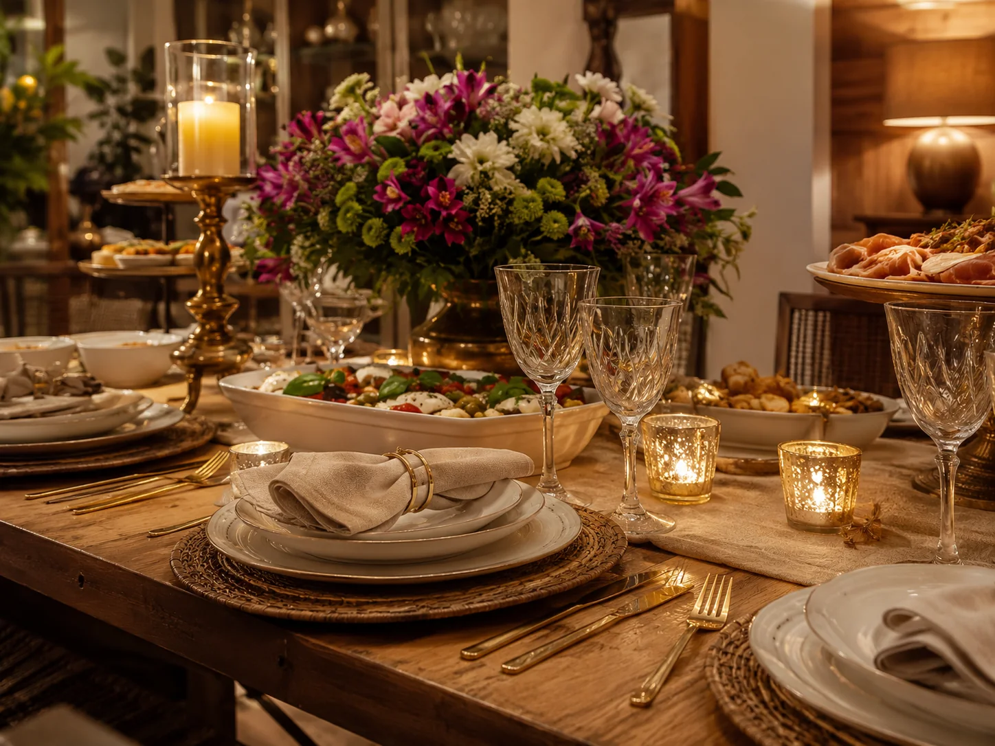 Mesa montada para buffet de festa em casa em Belo Horizonte.