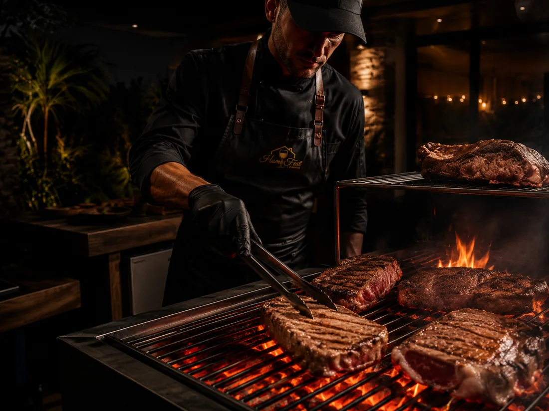 Carne sendo preparada na parrilla durante Fire BBQ