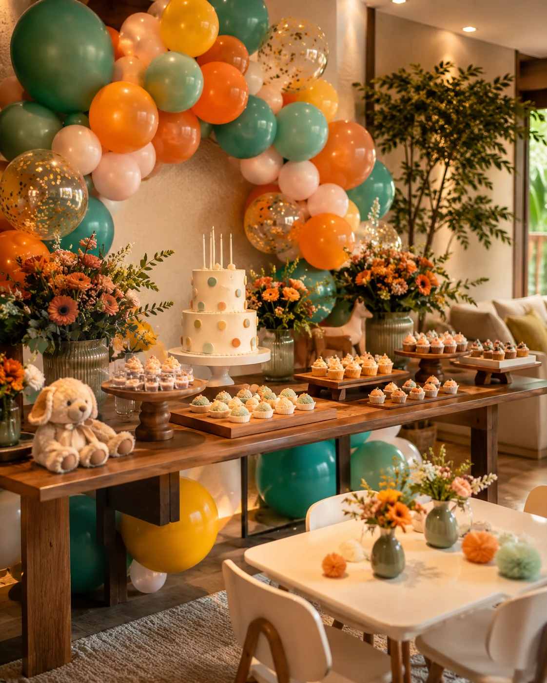 Decoração para festa infantil em casa com mesa, doces, bolo e balões