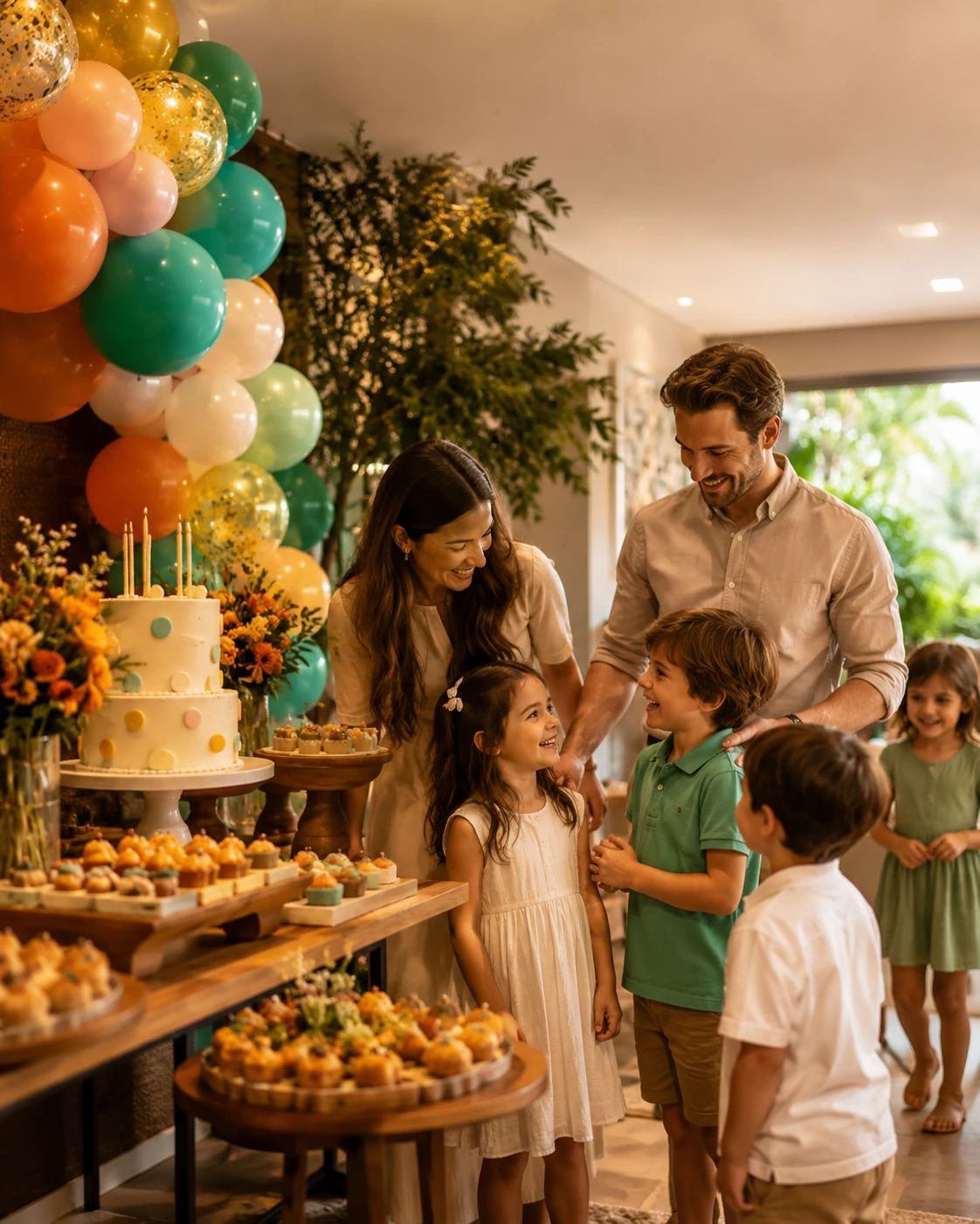 Família em festa infantil em casa com buffet, equipe e decoração Home Fest Kids